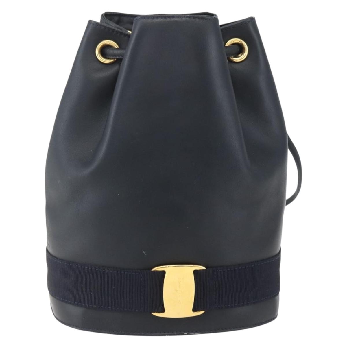Salvatore Ferragamo Backpack Leather Navy Gold Auth ka976