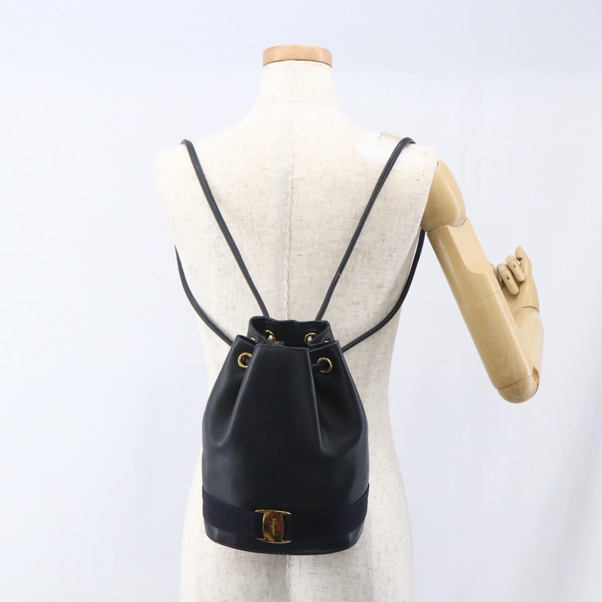 Salvatore Ferragamo Backpack Leather Navy Gold Auth ka976