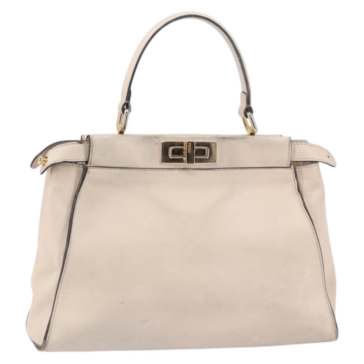FENDI Hand Bag Leather Beige Gold Auth ka992