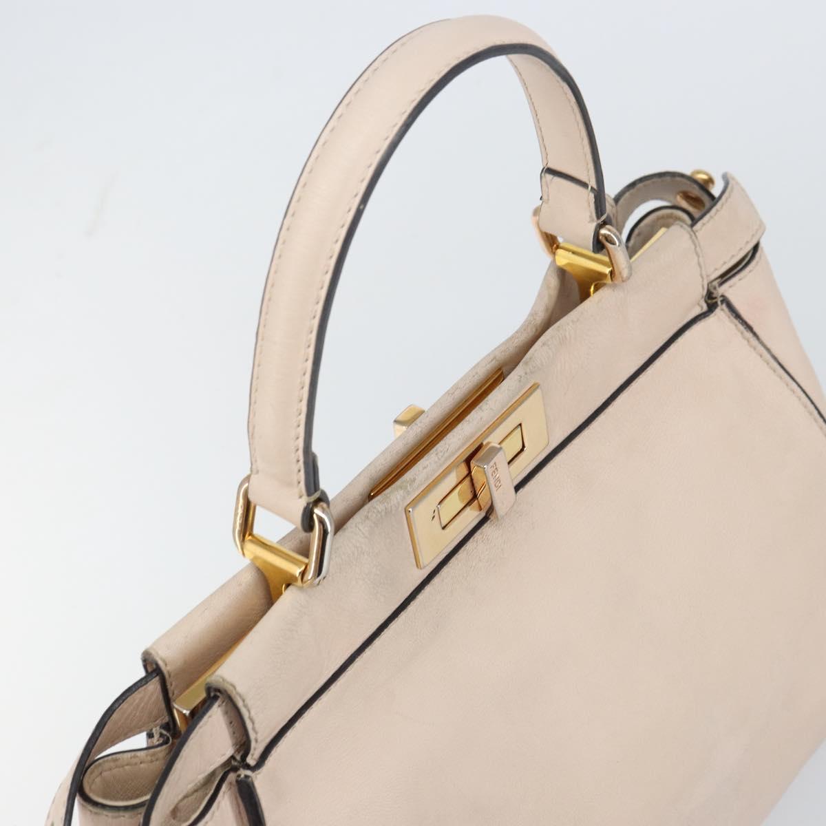 FENDI Hand Bag Leather Beige Gold Auth ka992