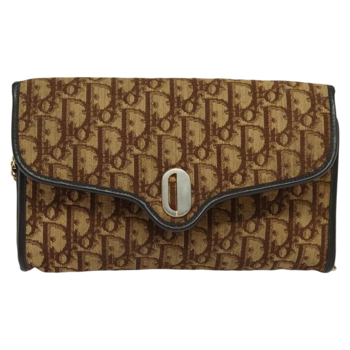 Christian Dior Trotter Canvas Chain Shoulder Bag Brown Gold Auth KD047