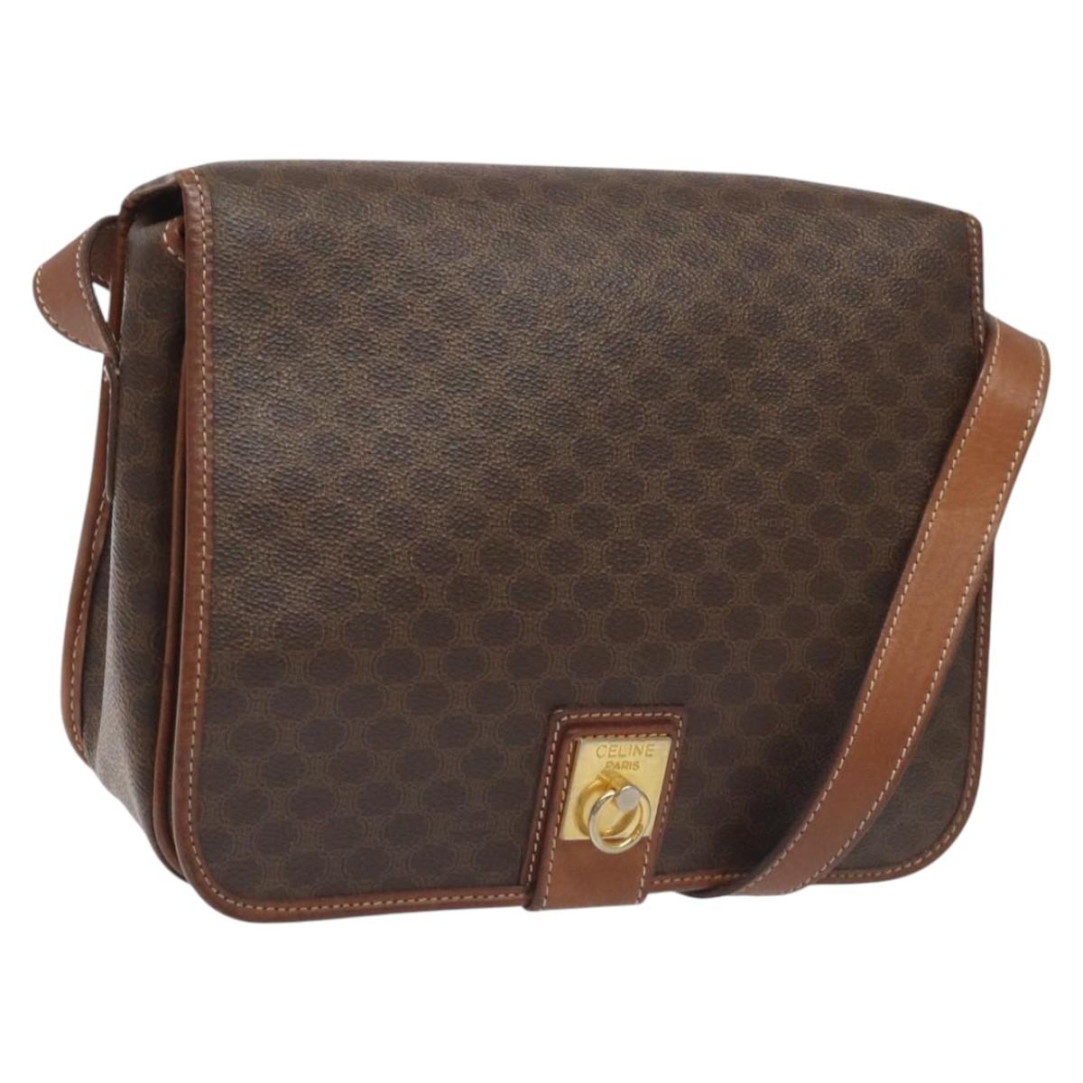 CELINE Macadam Canvas Shoulder Bag PVC Leather Brown Gold Auth KD057