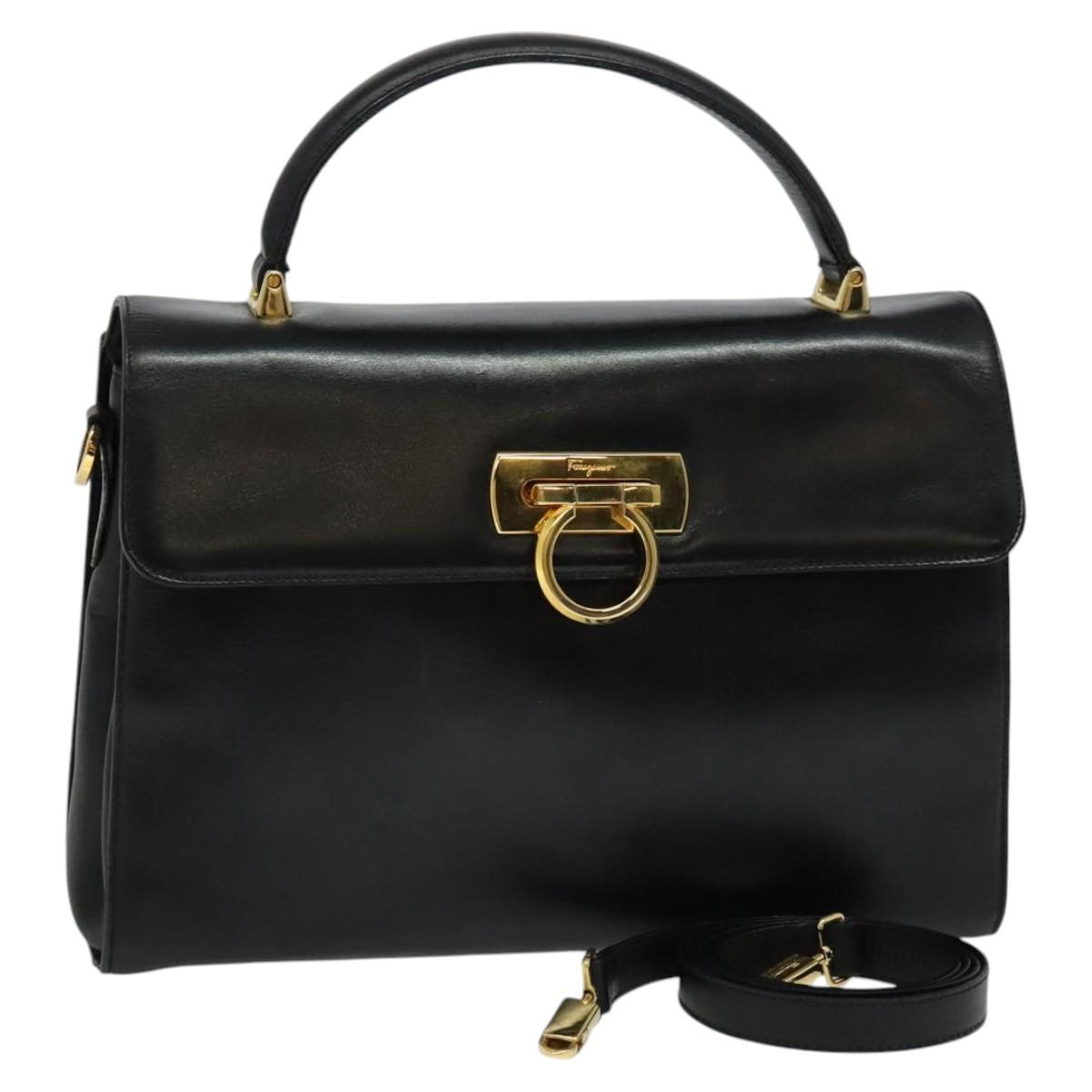 Salvatore Ferragamo Gancini Hand Bag Leather 2way Black Gold Auth KD059