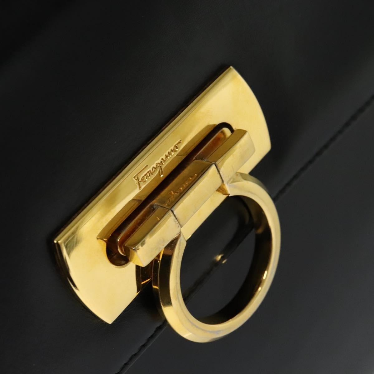 Salvatore Ferragamo Gancini Hand Bag Leather 2way Black Gold Auth KD059