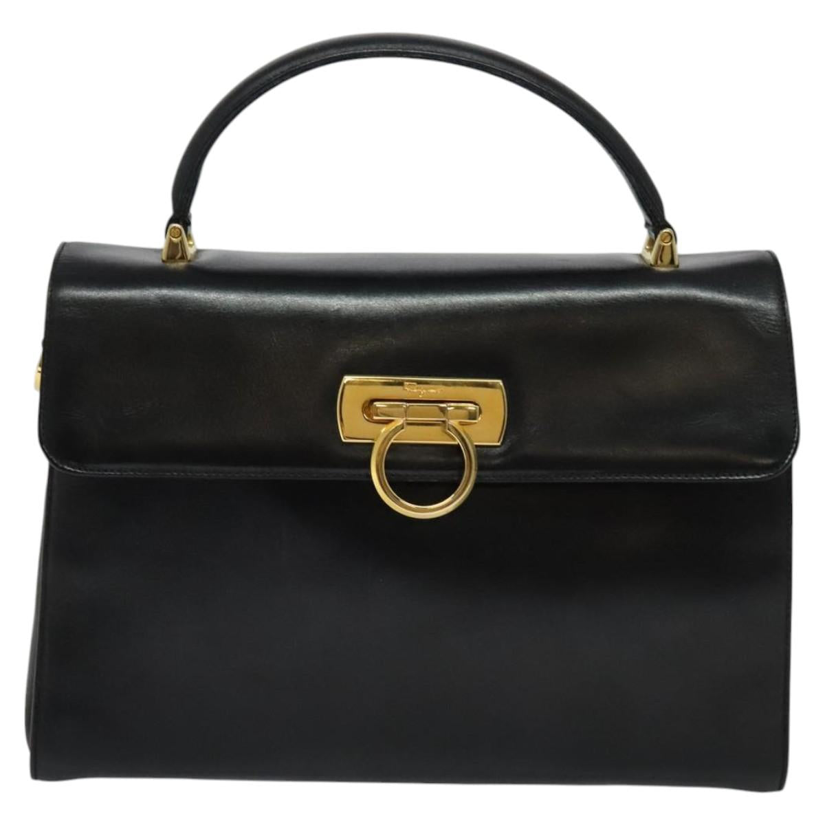 Salvatore Ferragamo Gancini Hand Bag Leather 2way Black Gold Auth KD059
