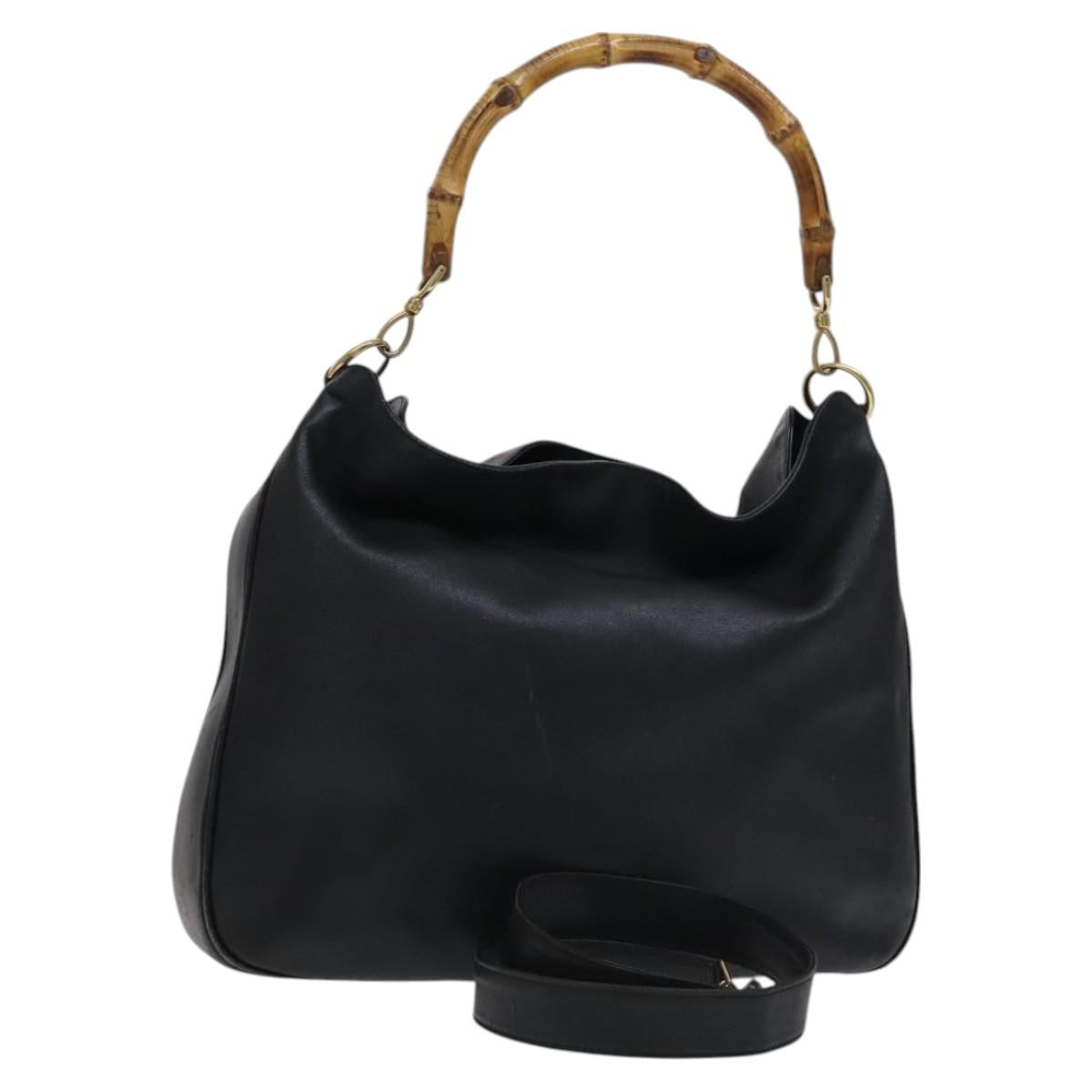 GUCCI Bamboo Hand Bag Leather 2way Black Gold 001 1781 1577 Auth KD086