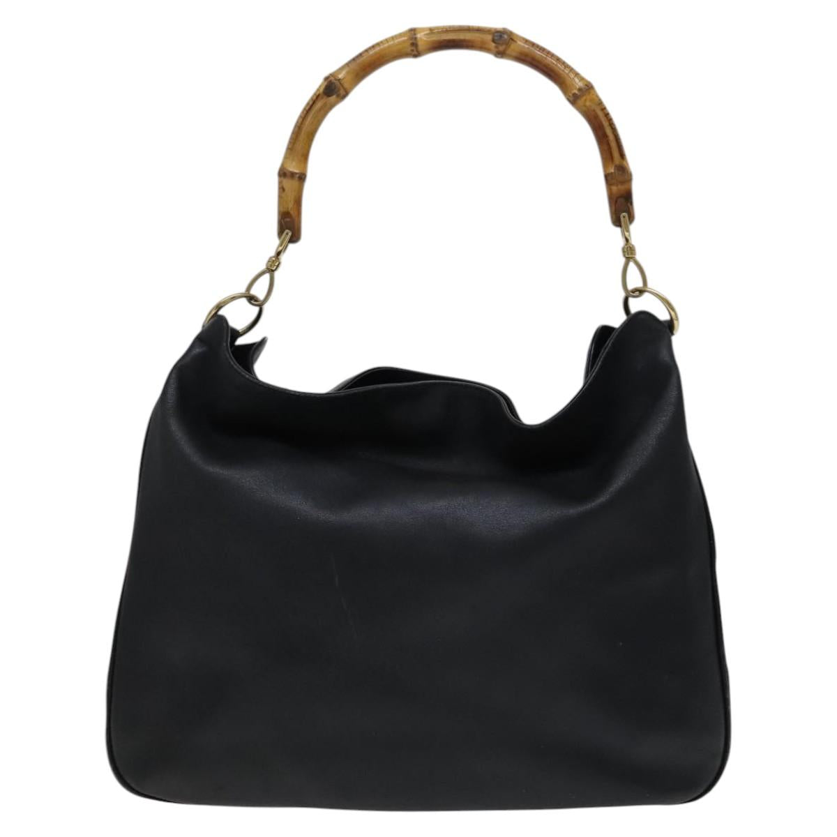 GUCCI Bamboo Hand Bag Leather 2way Black Gold 001 1781 1577 Auth KD086
