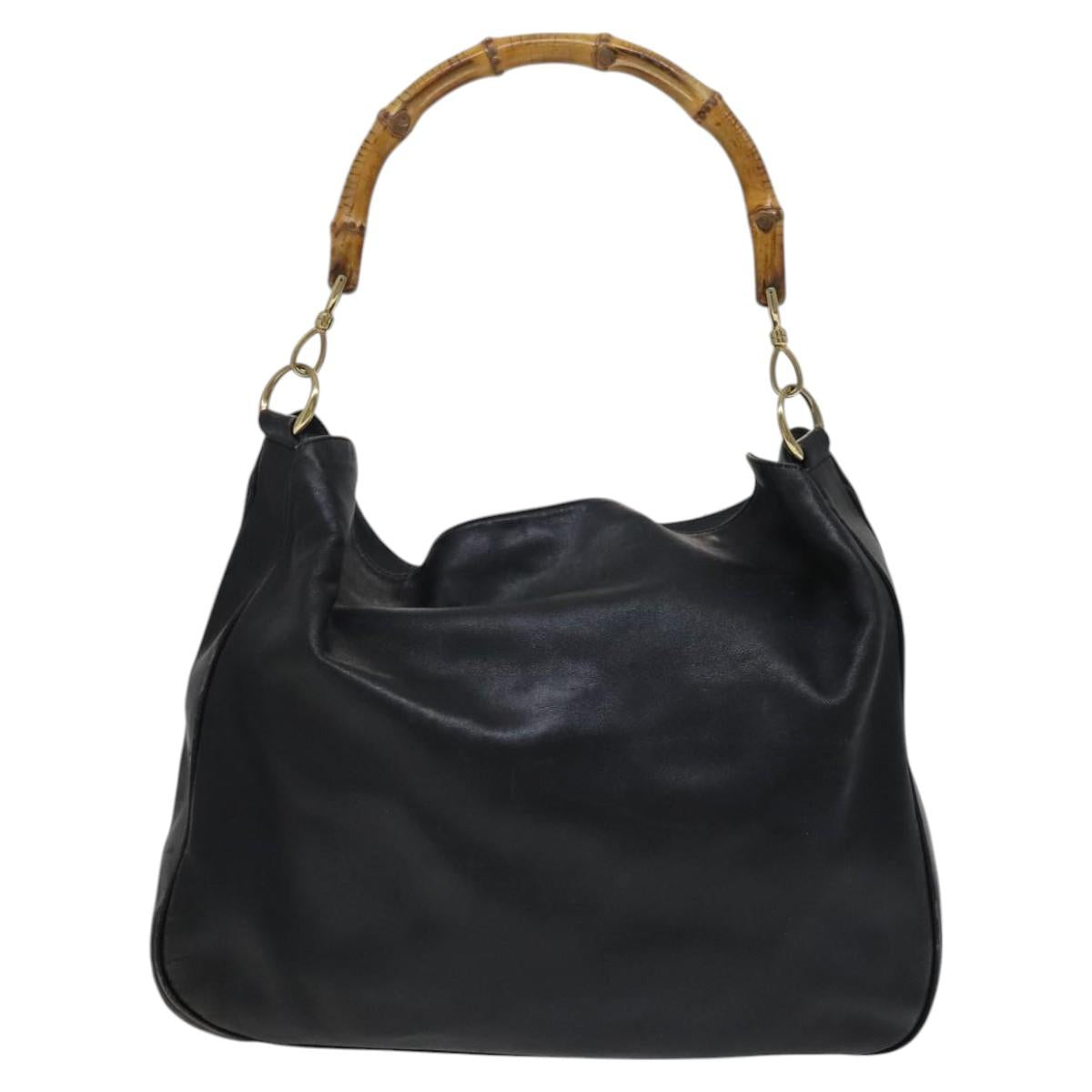 GUCCI Bamboo Hand Bag Leather 2way Black Gold 001 1781 1577 Auth KD086