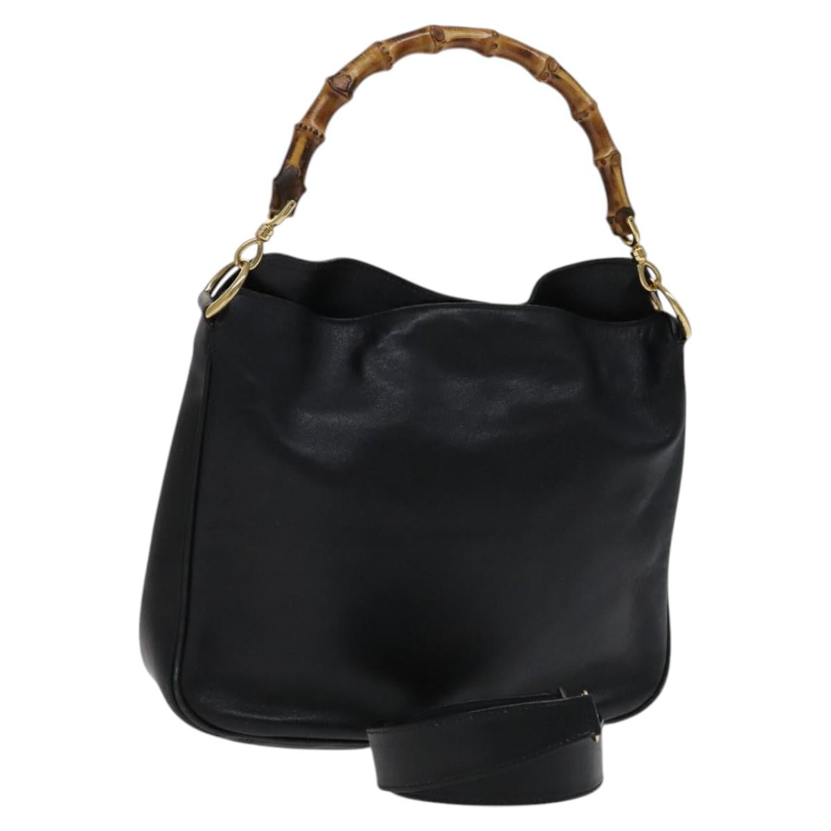 GUCCI Bamboo Hand Bag Leather 2way Black Gold 001 2113 1638 Auth KD087
