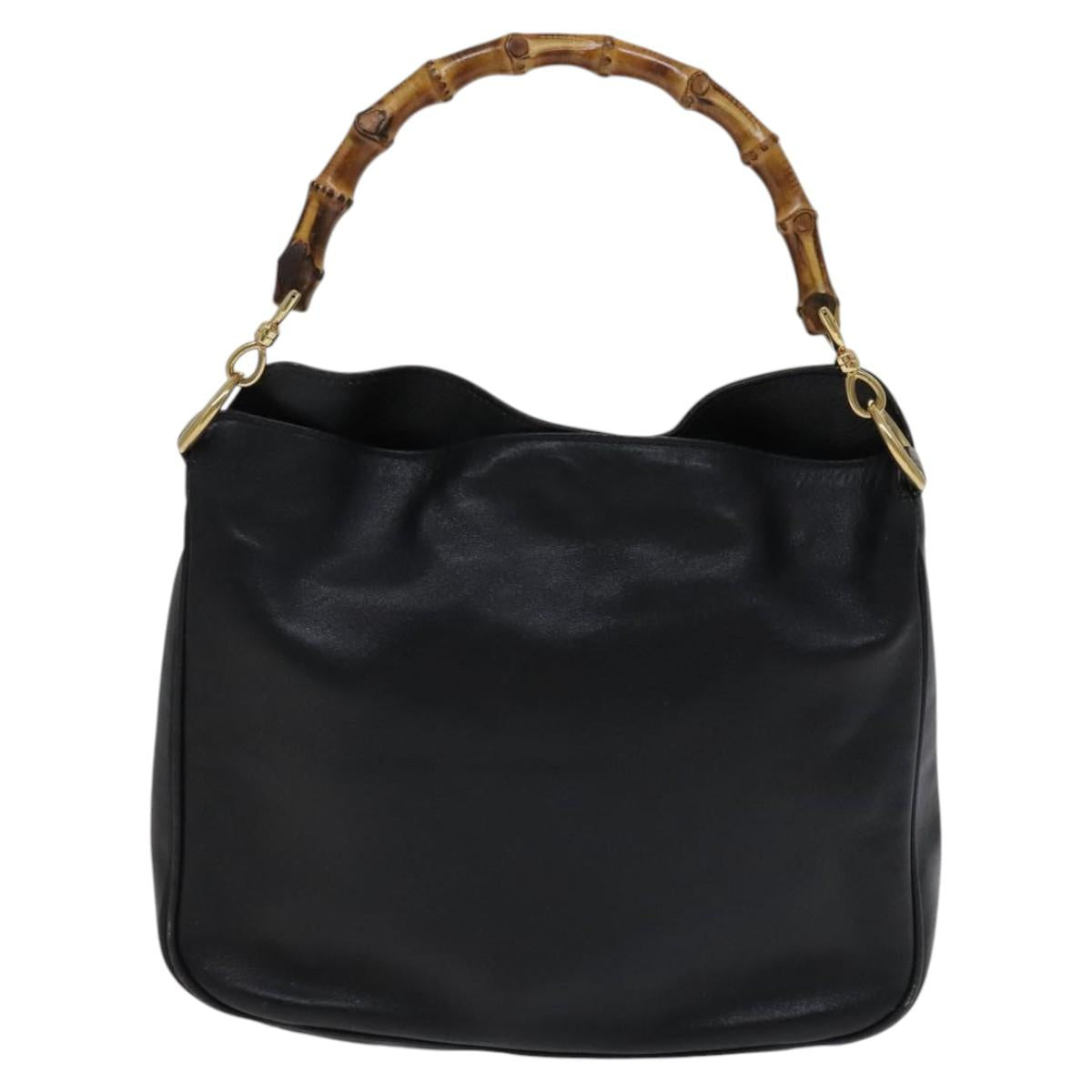 GUCCI Bamboo Hand Bag Leather 2way Black Gold 001 2113 1638 Auth KD087
