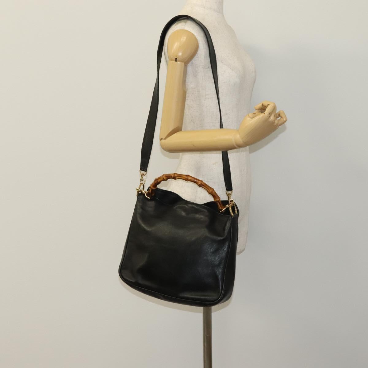 GUCCI Bamboo Hand Bag Leather 2way Black Gold 001 2113 1638 Auth KD087