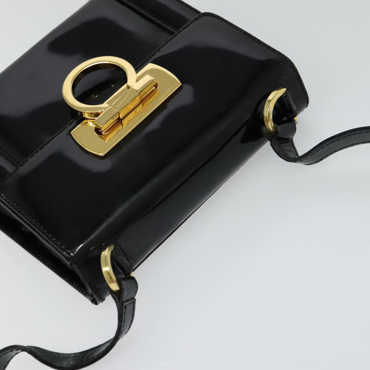Salvatore Ferragamo Gancini Shoulder Bag Enamel Black Gold Auth KD105