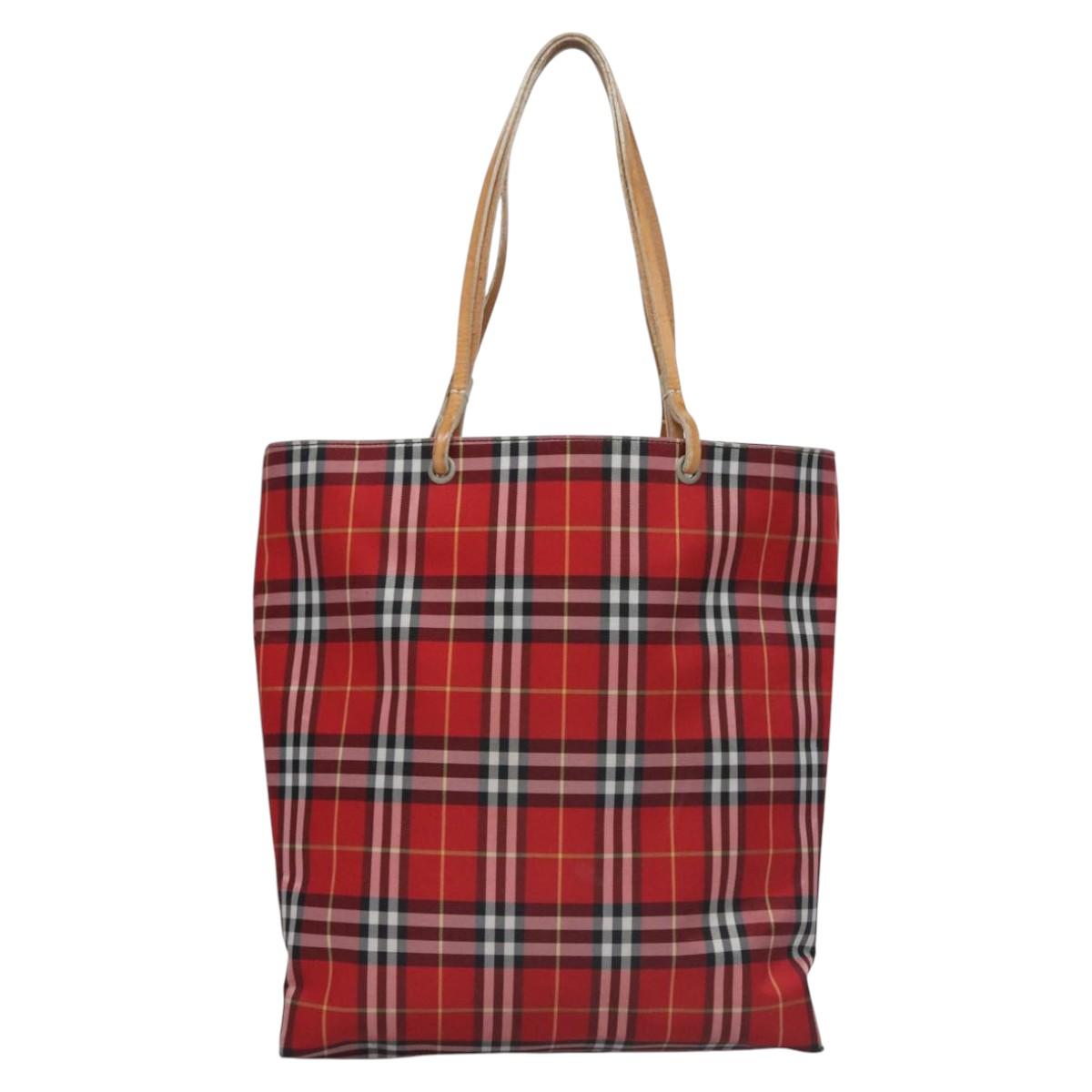 BURBERRY Nova Check Tote Bag Nylon Red Silver Auth KD137