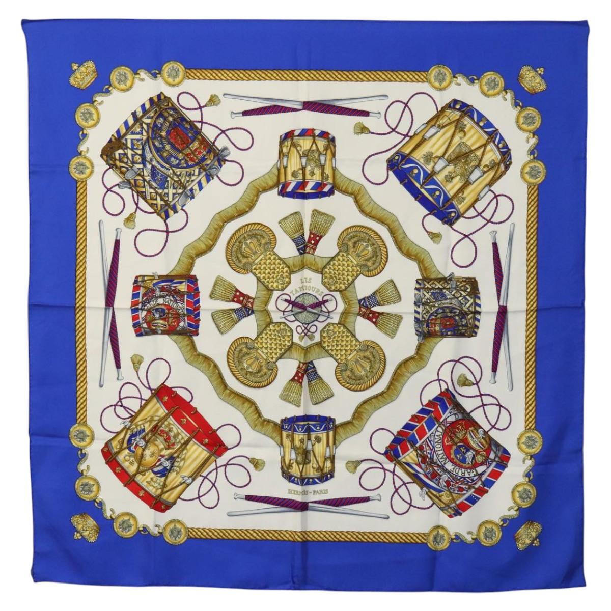 HERMES Carre 90 Scarf ""LES TAMBOURS "" Silk Blue Auth KD222