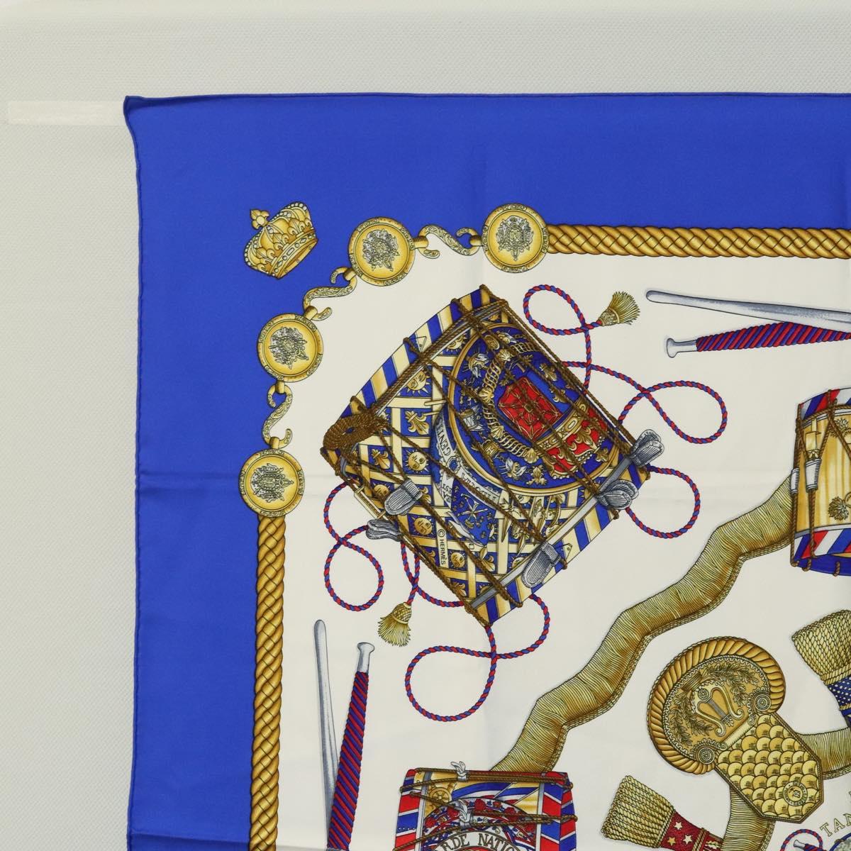 HERMES Carre 90 Scarf ""LES TAMBOURS "" Silk Blue Auth KD222