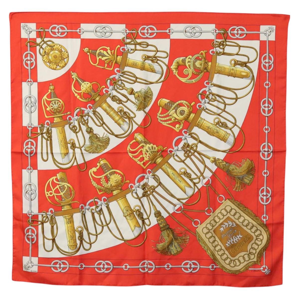 HERMES Carre 90 Scarf ""Cliquetis "" Silk Red Auth KD223