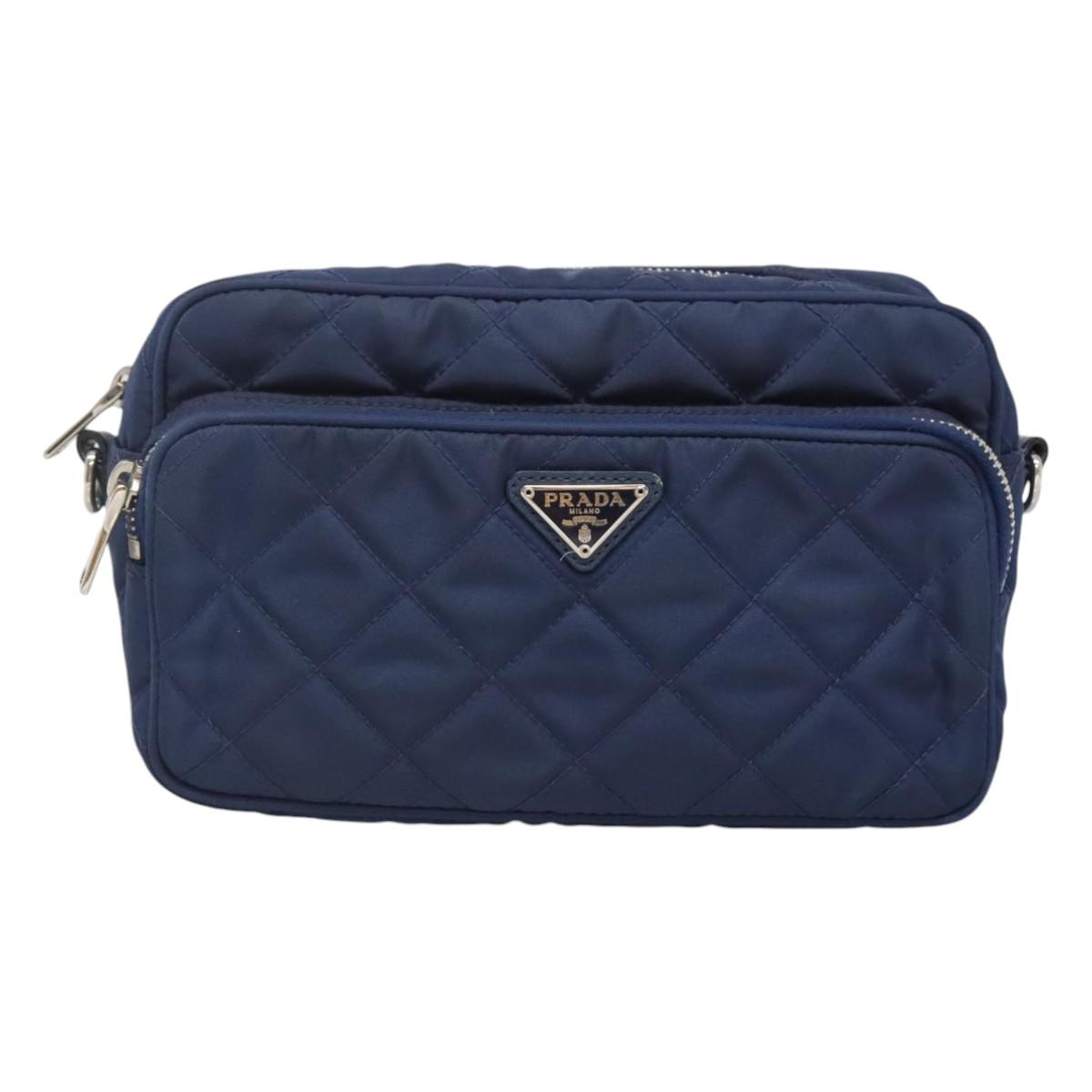 PRADA Quilted Shoulder Bag Nylon Blue Silver Auth KD263