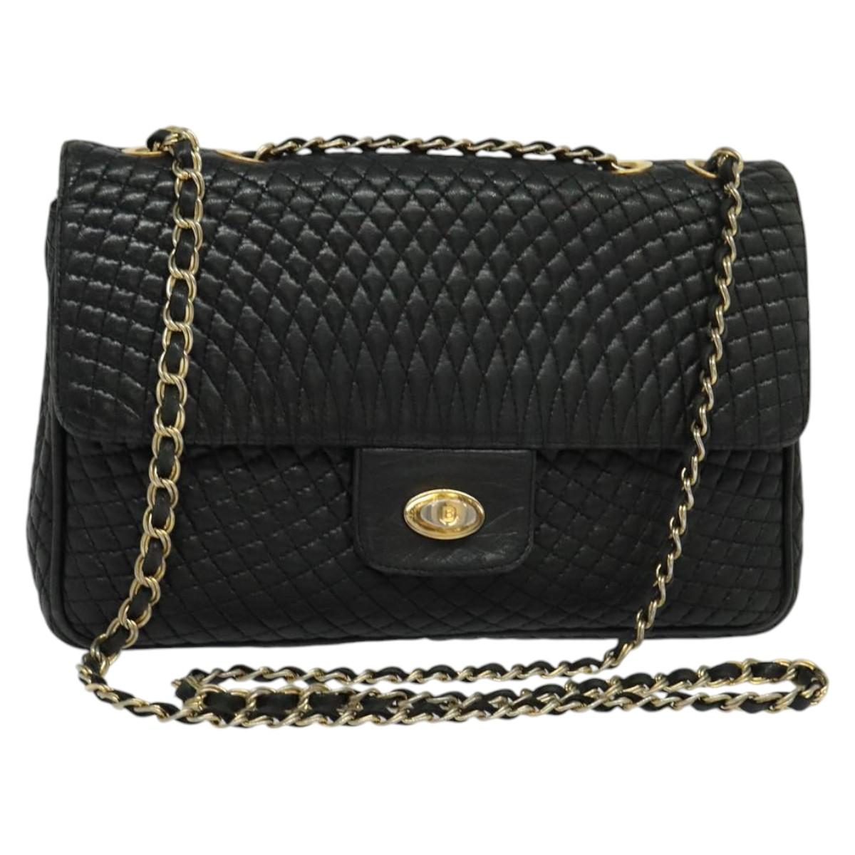 BALLY Chain Shoulder Bag Leather Black Auth KD281