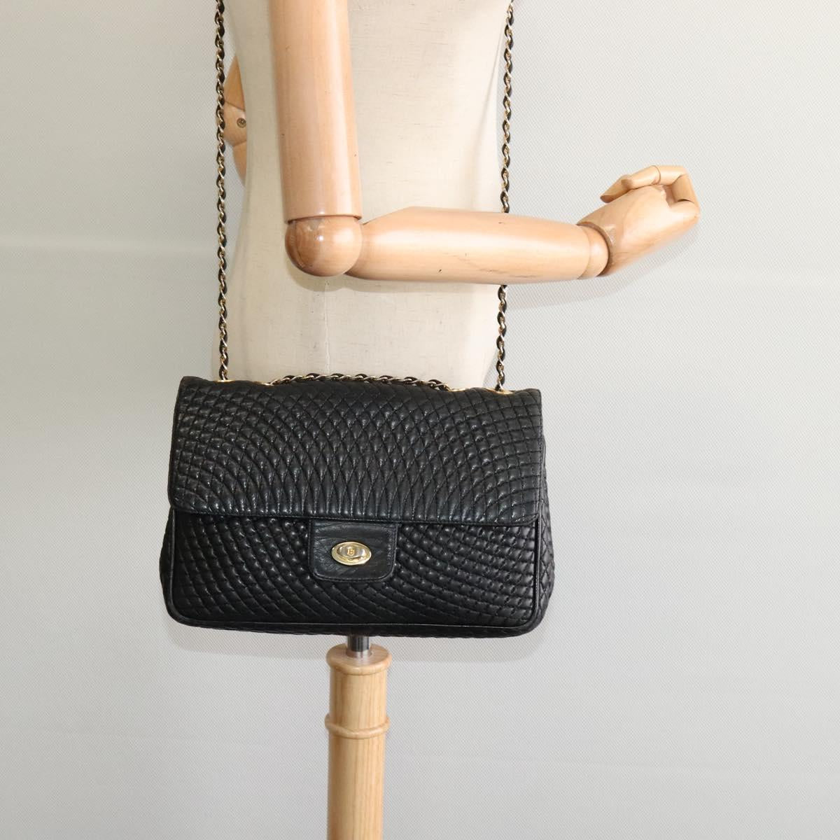 BALLY Chain Shoulder Bag Leather Black Auth KD281