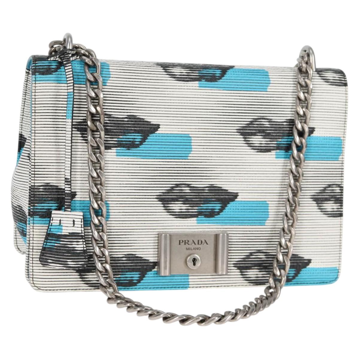 PRADA Chain Shoulder Bag Leather Blue Silver Auth KD283M