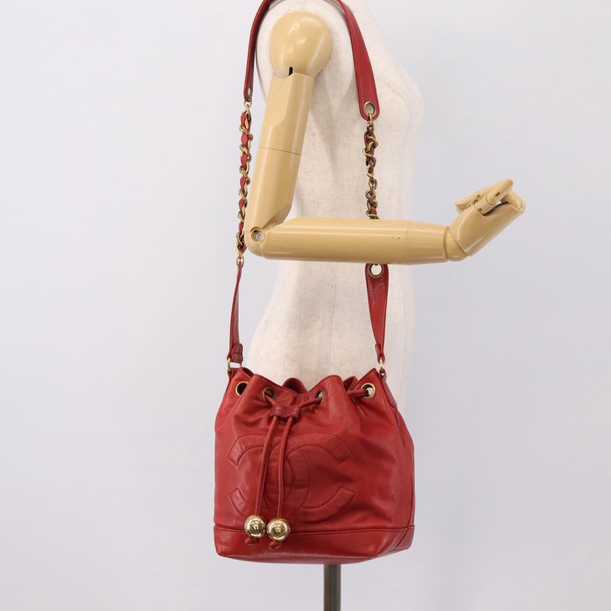 CHANEL Matelasse Chain Shoulder Bag Lamb Skin Red Gold CC Auth KD284