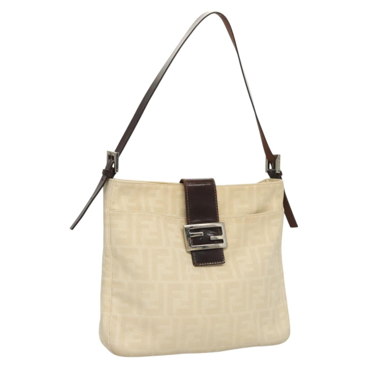 FENDI Zucca Canvas Mamma Baguette Shoulder Bag Beige Silver Auth KD315