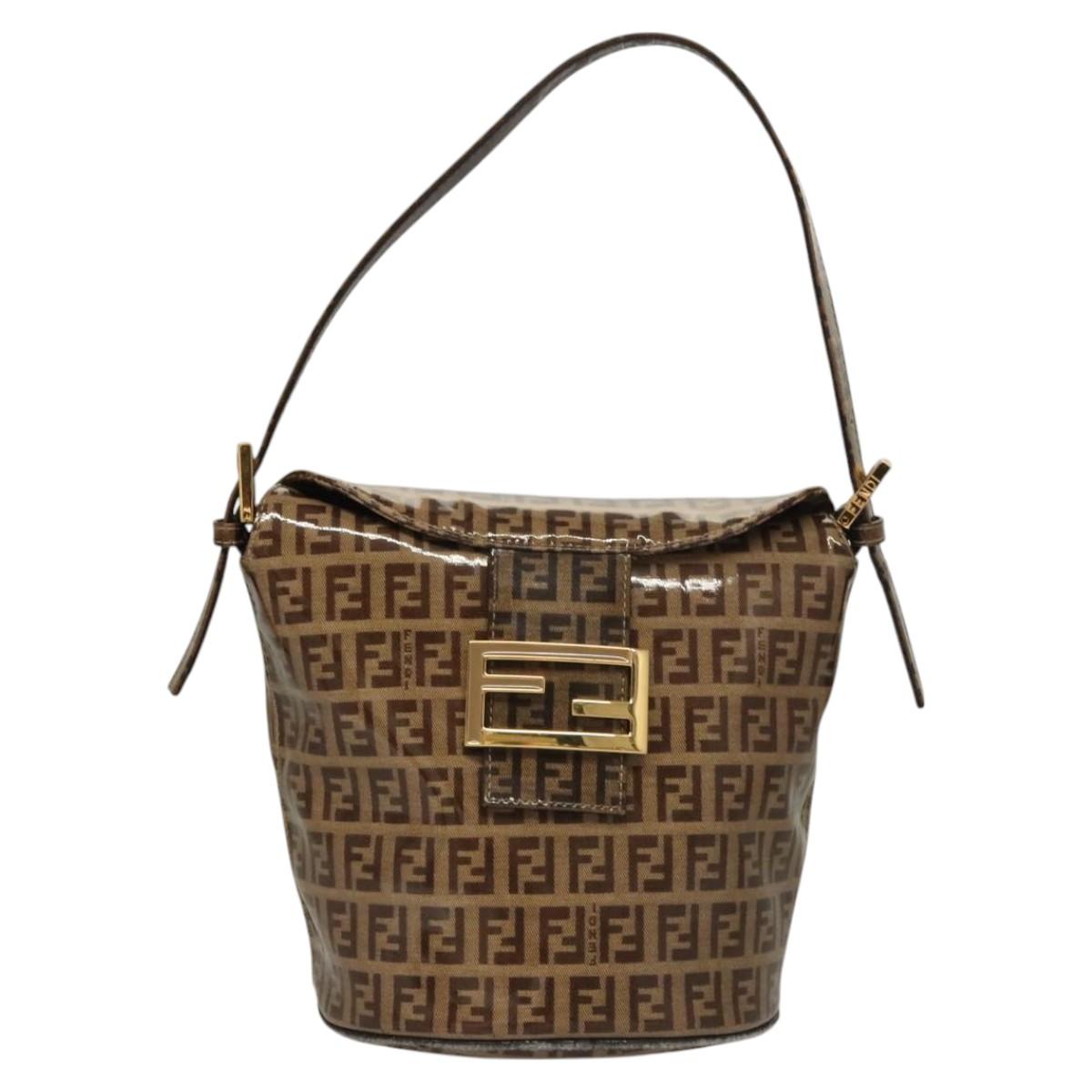 FENDI Zucchino Canvas Mamma Baguette Hand Bag Enamel Beige Gold Auth KD316