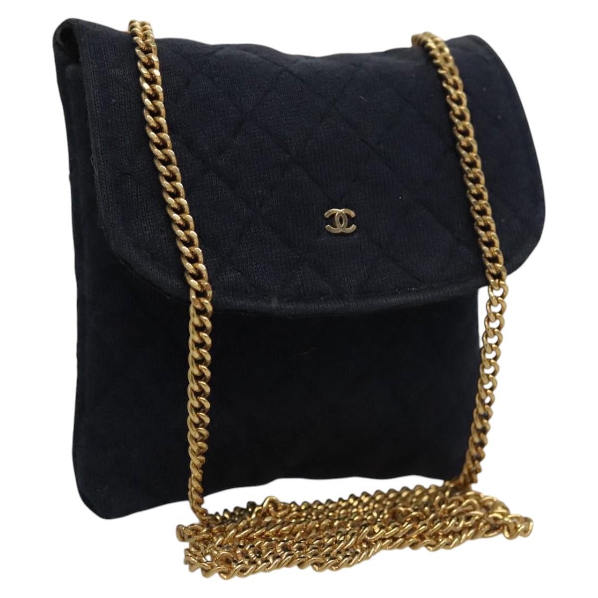CHANEL Mini Matelasse Chain Pouch Cotton Navy Gold CC Auth KD377