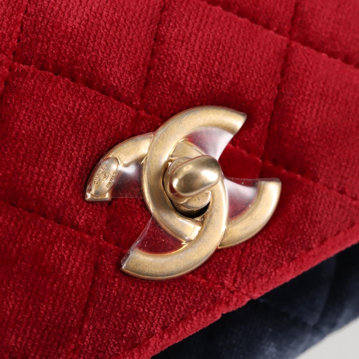 CHANEL Matelasse Camellia Chain Shoulder Bag Velor Red CC Auth KD378SM