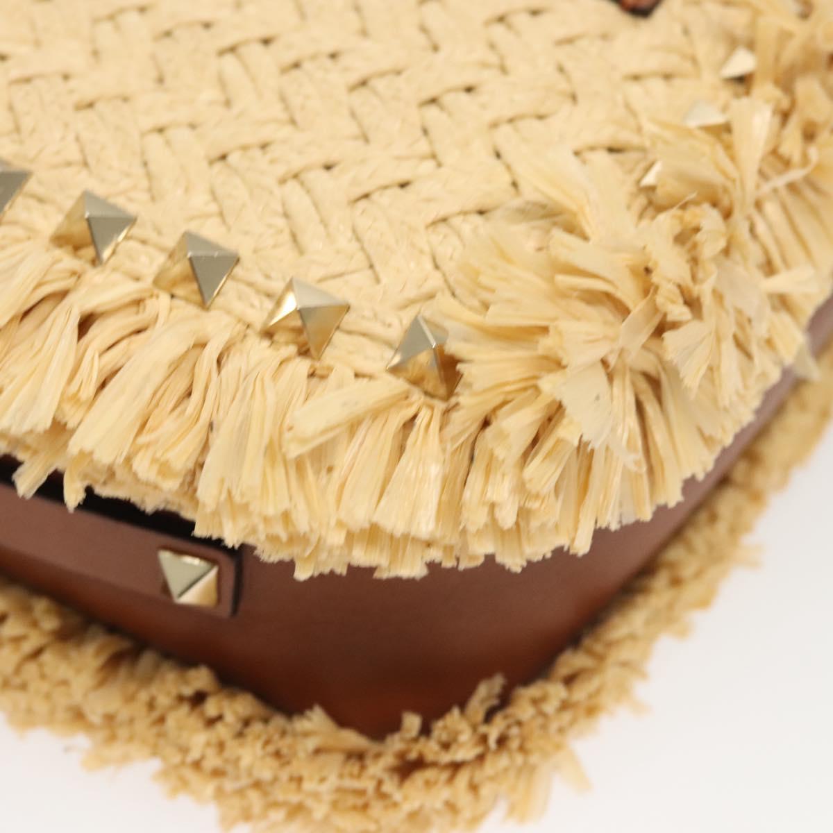 Valentino Studs Shoulder Bag Raffia Beige Brown gold Auth KD385V