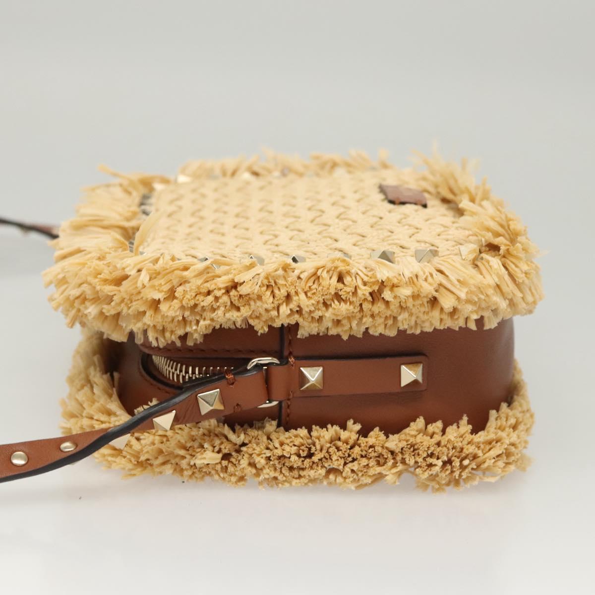 Valentino Studs Shoulder Bag Raffia Beige Brown gold Auth KD385V