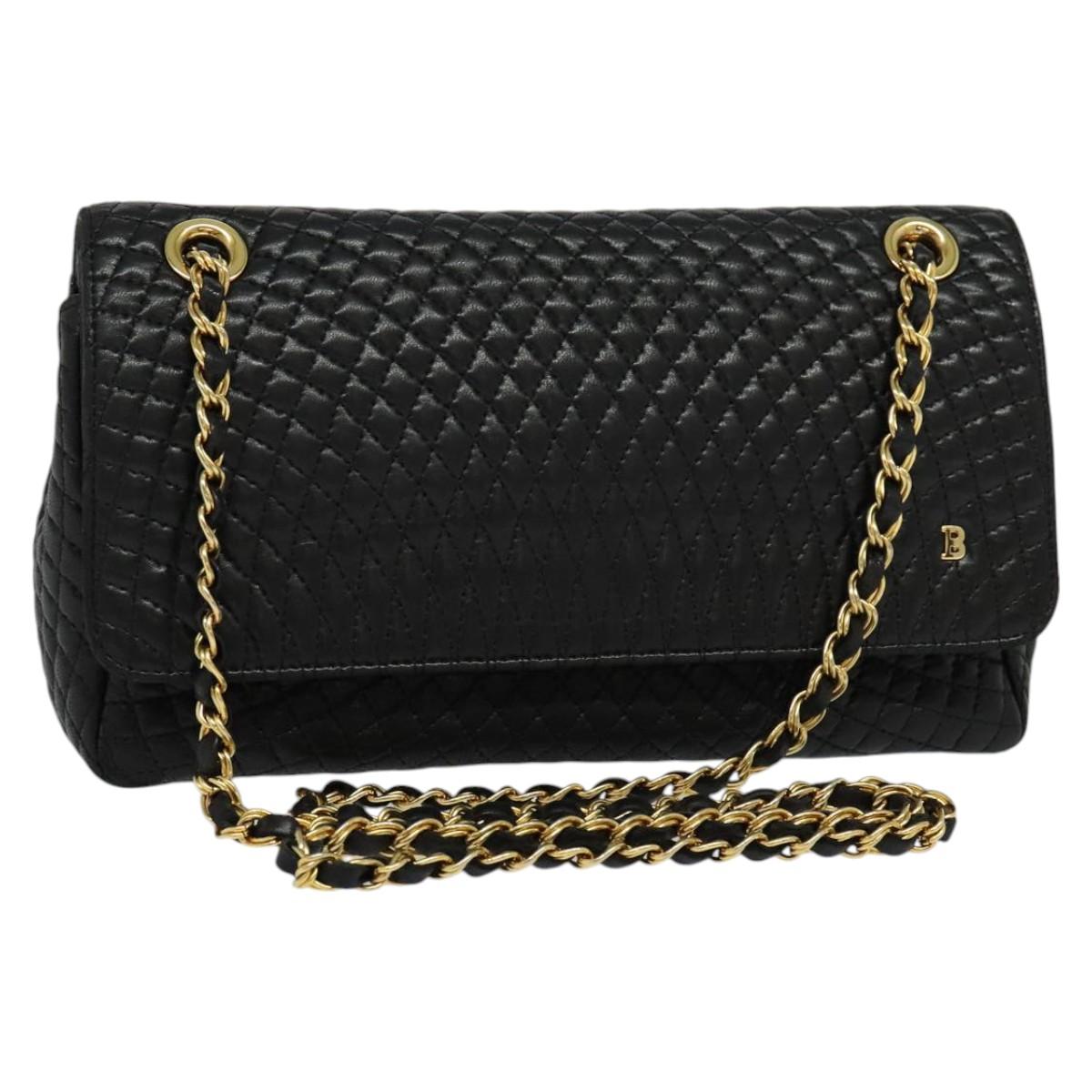 BALLY Chain Shoulder Bag Leather Black Auth KD388
