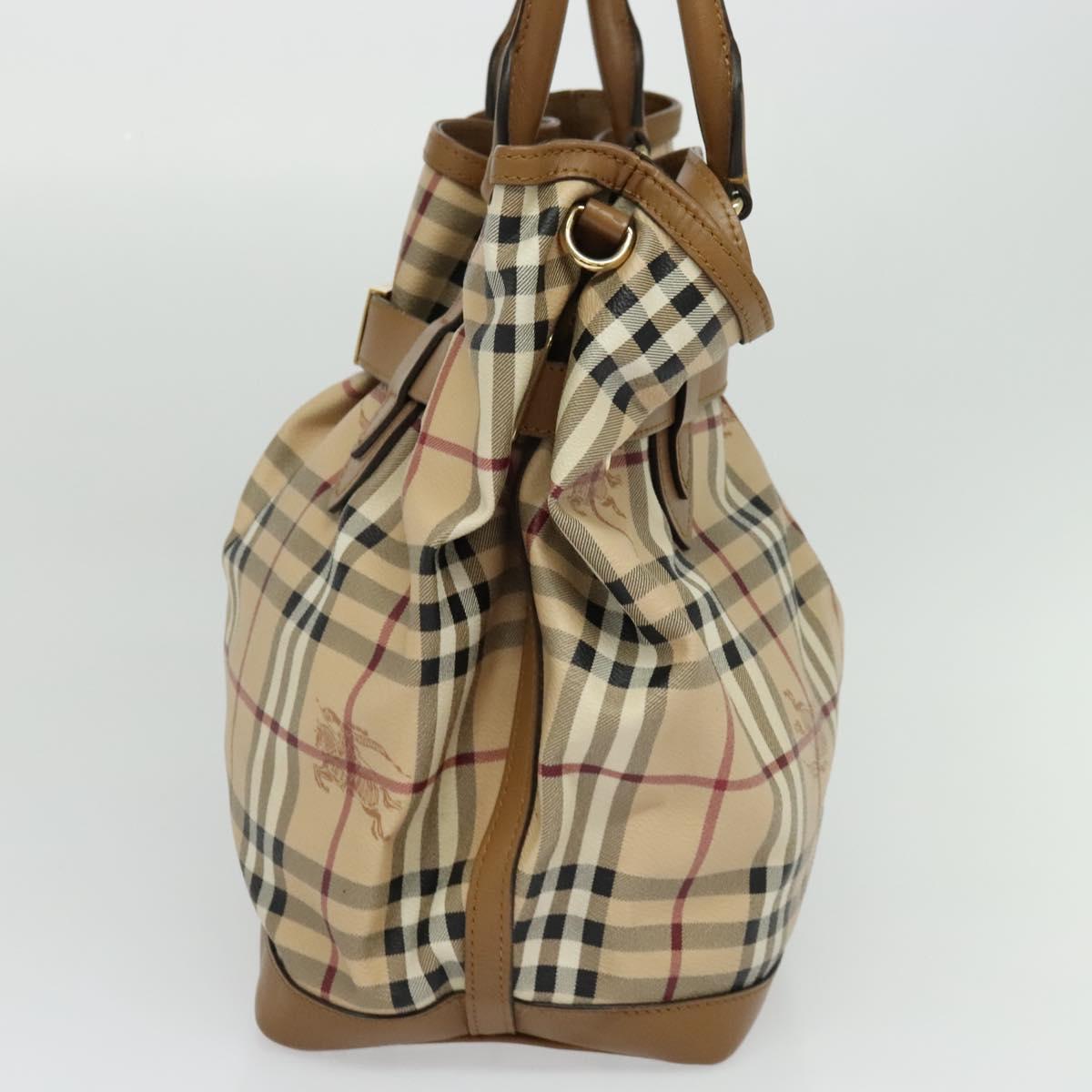 BURBERRY Nova Check Hand Bag PVC 2way Beige Gold Auth KD524