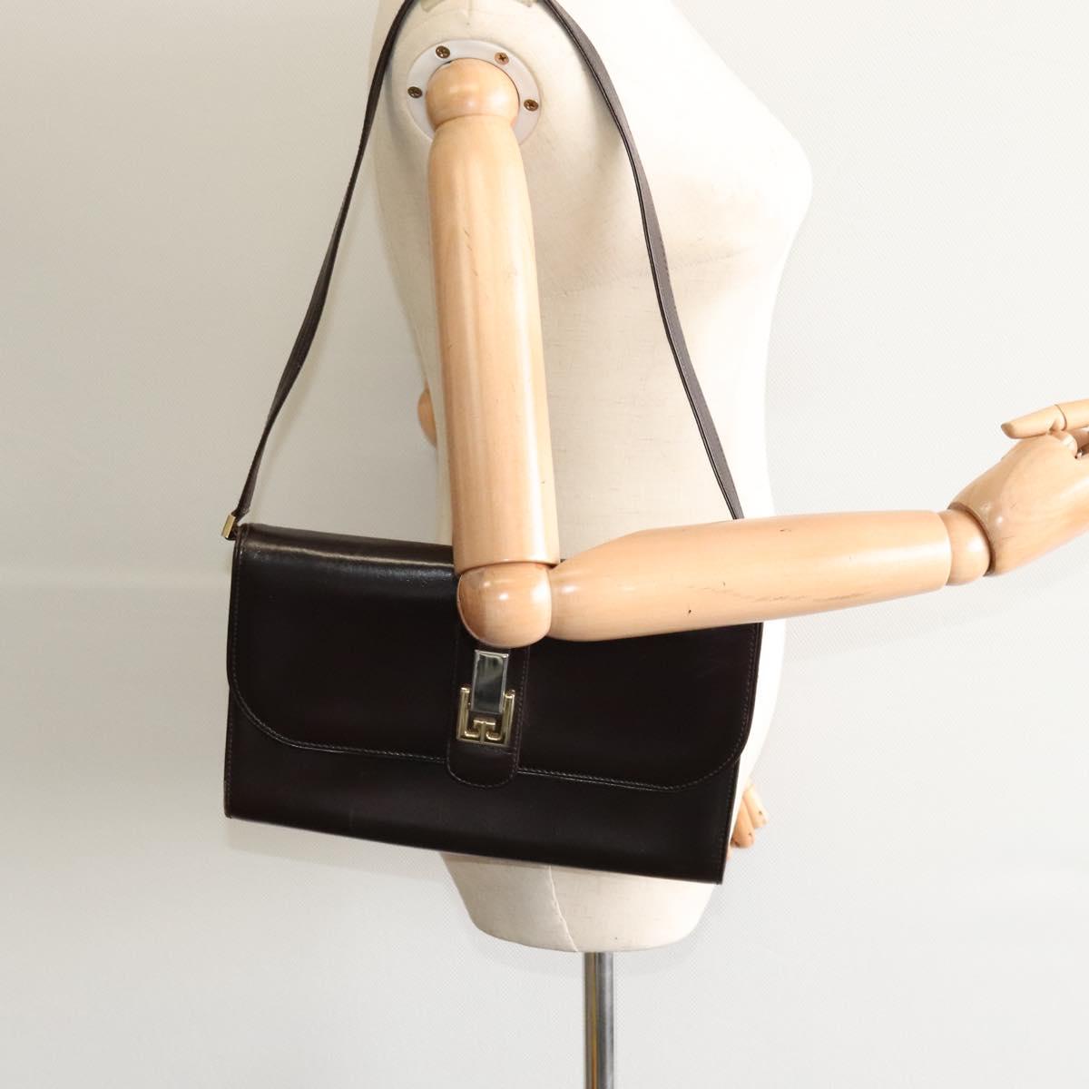 GUCCI Shoulder Bag Leather Brown Gold Silver Auth KD536