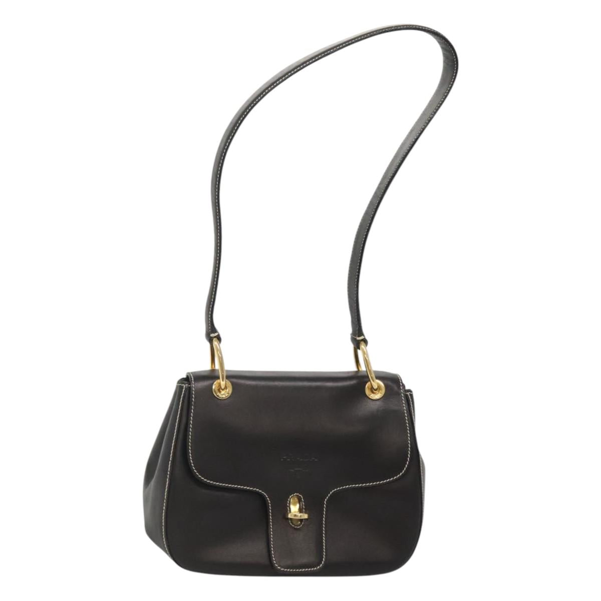 PRADA Shoulder Bag Leather Black Gold Auth KD552V
