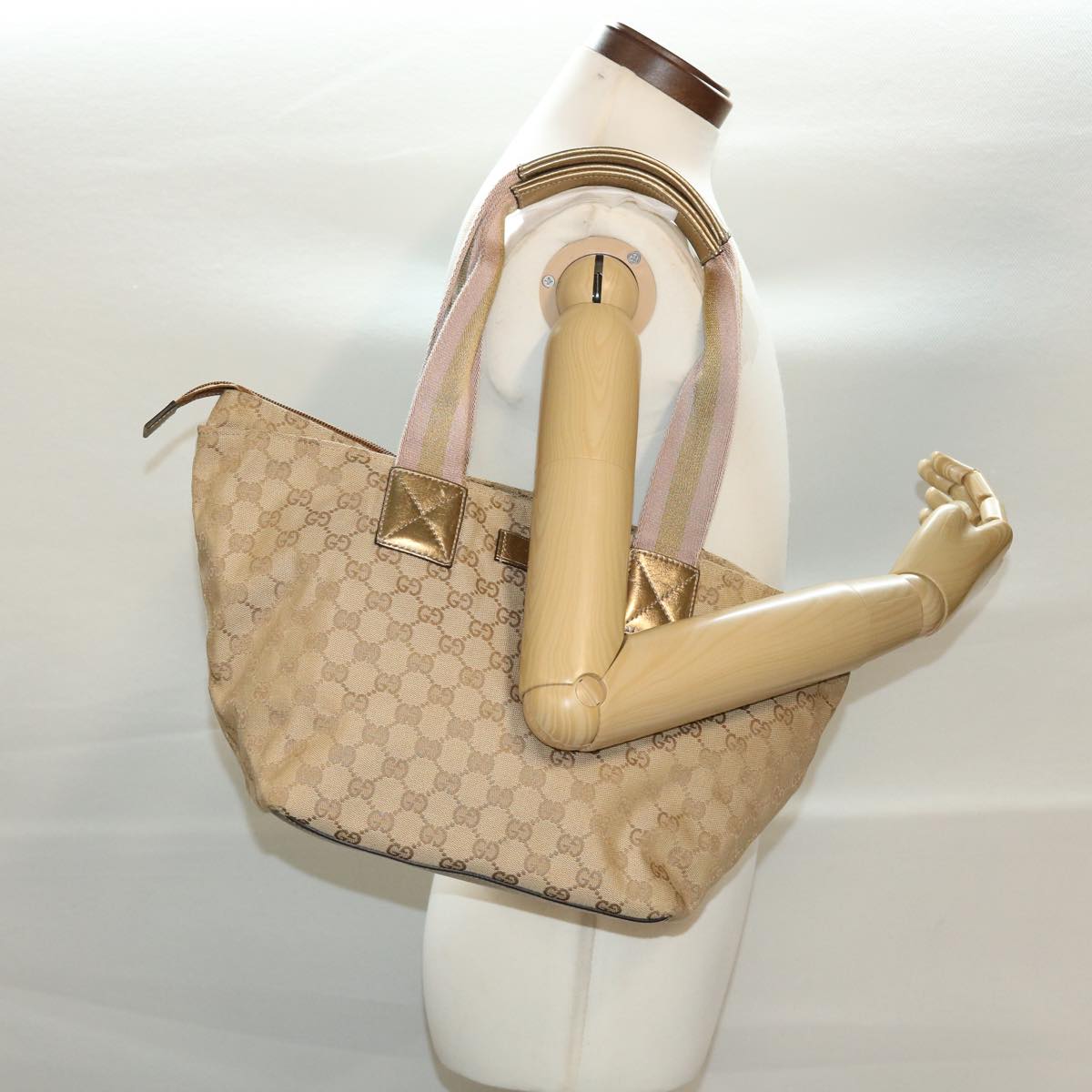 GUCCI GG Canvas Sherry Line Tote Bag Gold Pink 131230 Auth ki2872