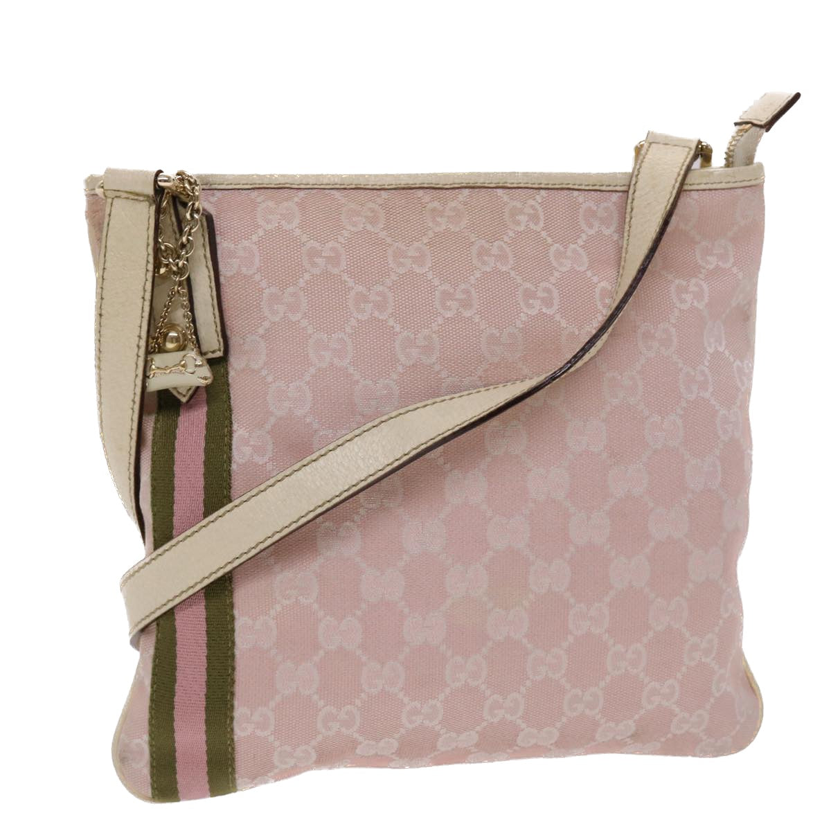 GUCCI GG Canvas Sherry Line Shoulder Bag Pink Khaki 144388 Auth ki3108