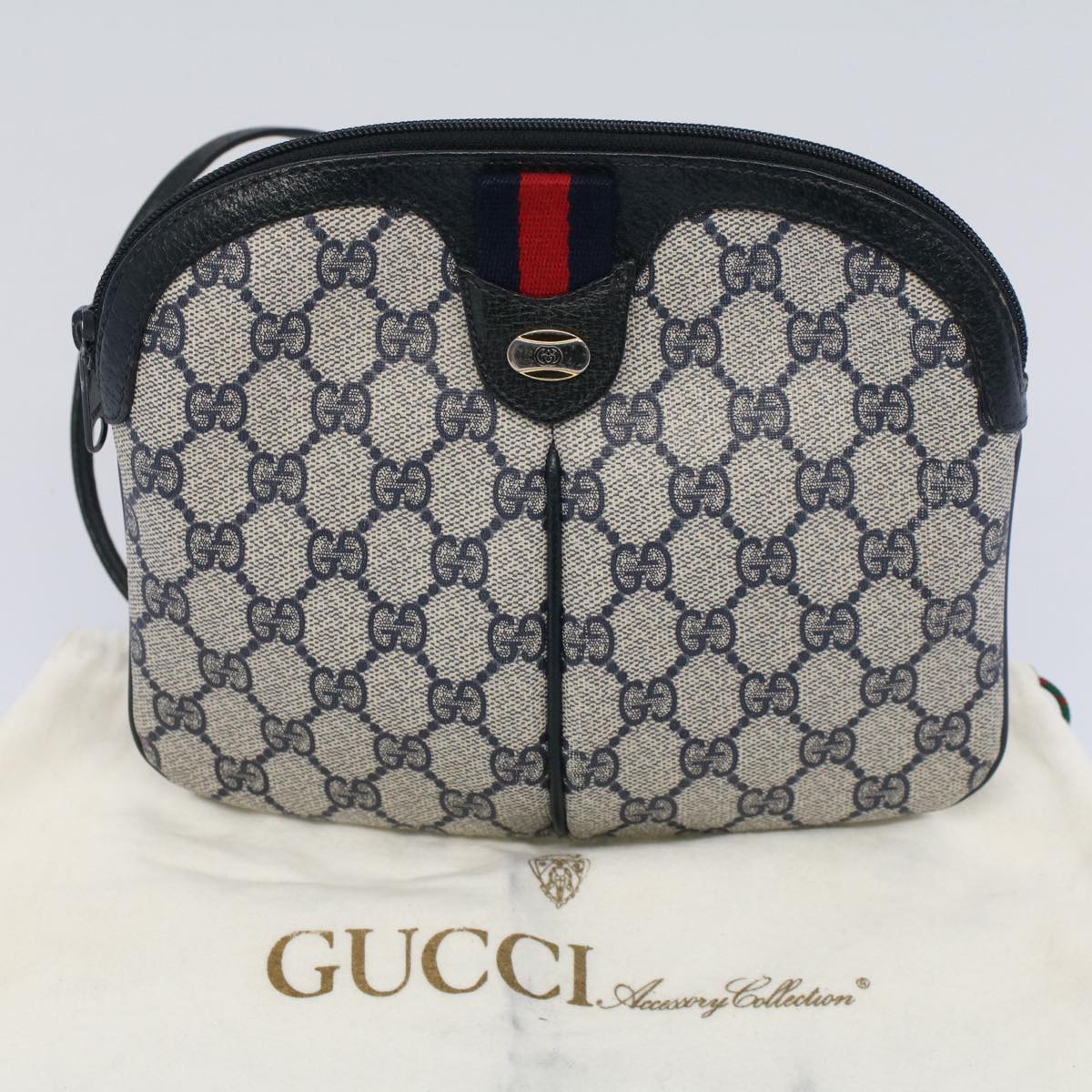 GUCCI GG Canvas Sherry Line Shoulder Bag PVC Leather Gray Navy Red Auth ki3325