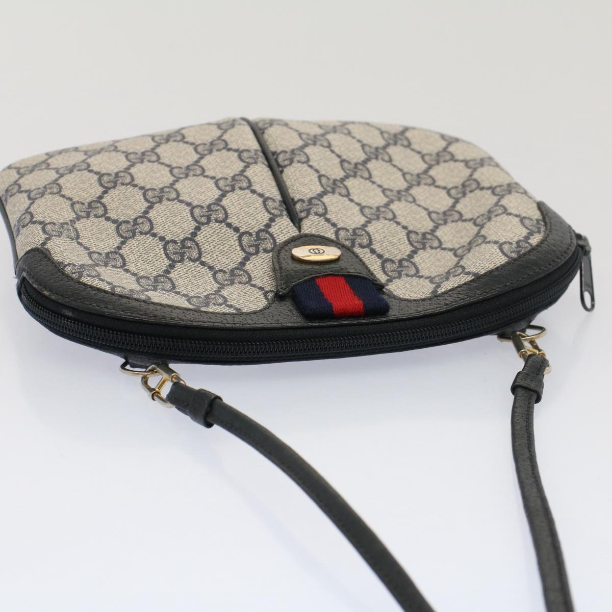 GUCCI GG Canvas Sherry Line Shoulder Bag PVC Leather Gray Navy Red Auth ki3325