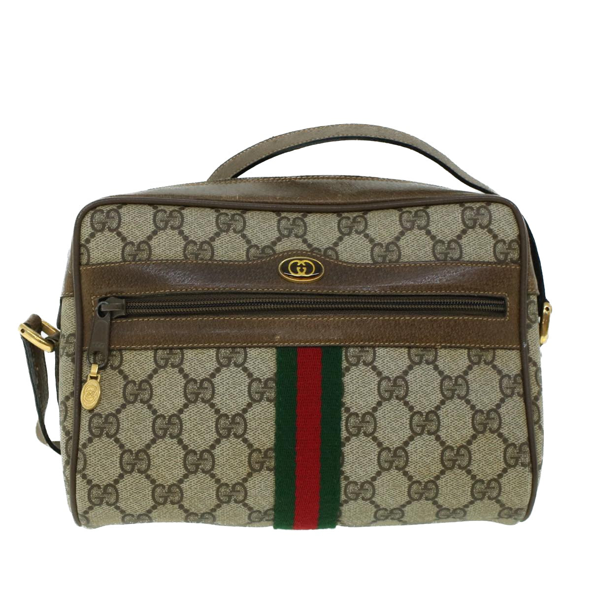 GUCCI GG Canvas Web Sherry Line Shoulder Bag PVC Leather Beige Green Auth ki3425