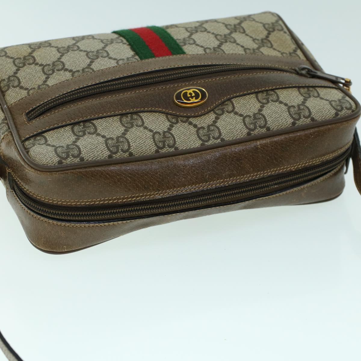 GUCCI GG Canvas Web Sherry Line Shoulder Bag PVC Leather Beige Green Auth ki3425