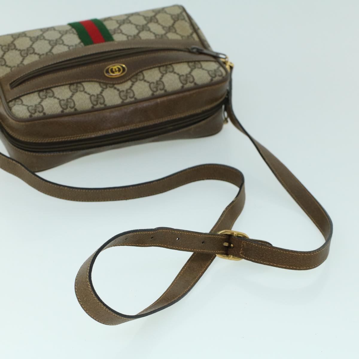 GUCCI GG Canvas Web Sherry Line Shoulder Bag PVC Leather Beige Green Auth ki3425