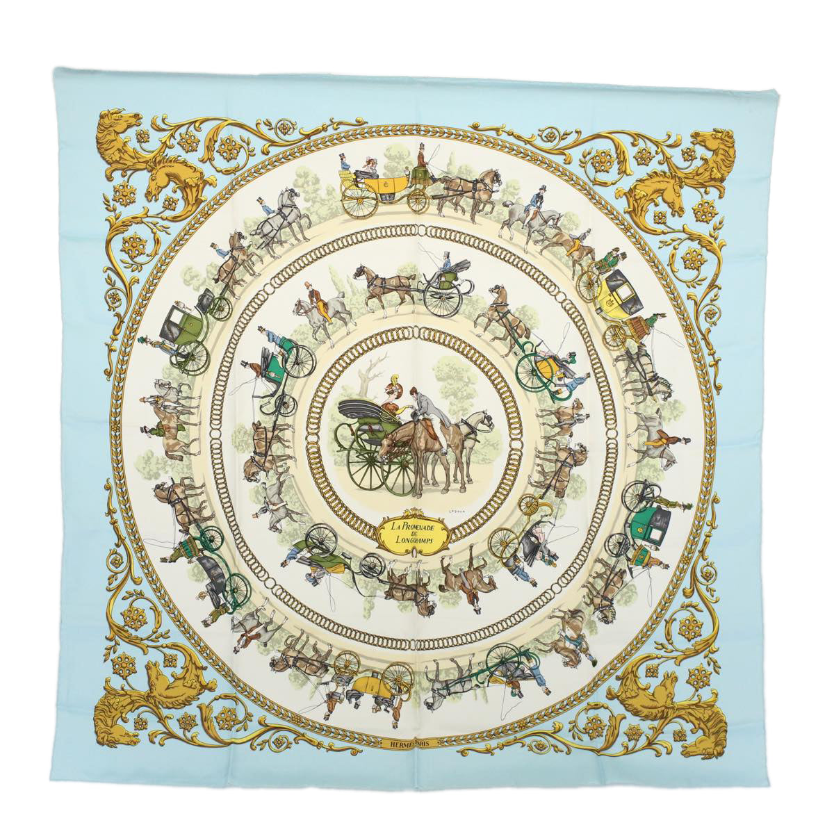 HERMES Carre 90 LA PROMENADE DE LONGCHAMPS Scarf Silk Light Blue Auth ki3696