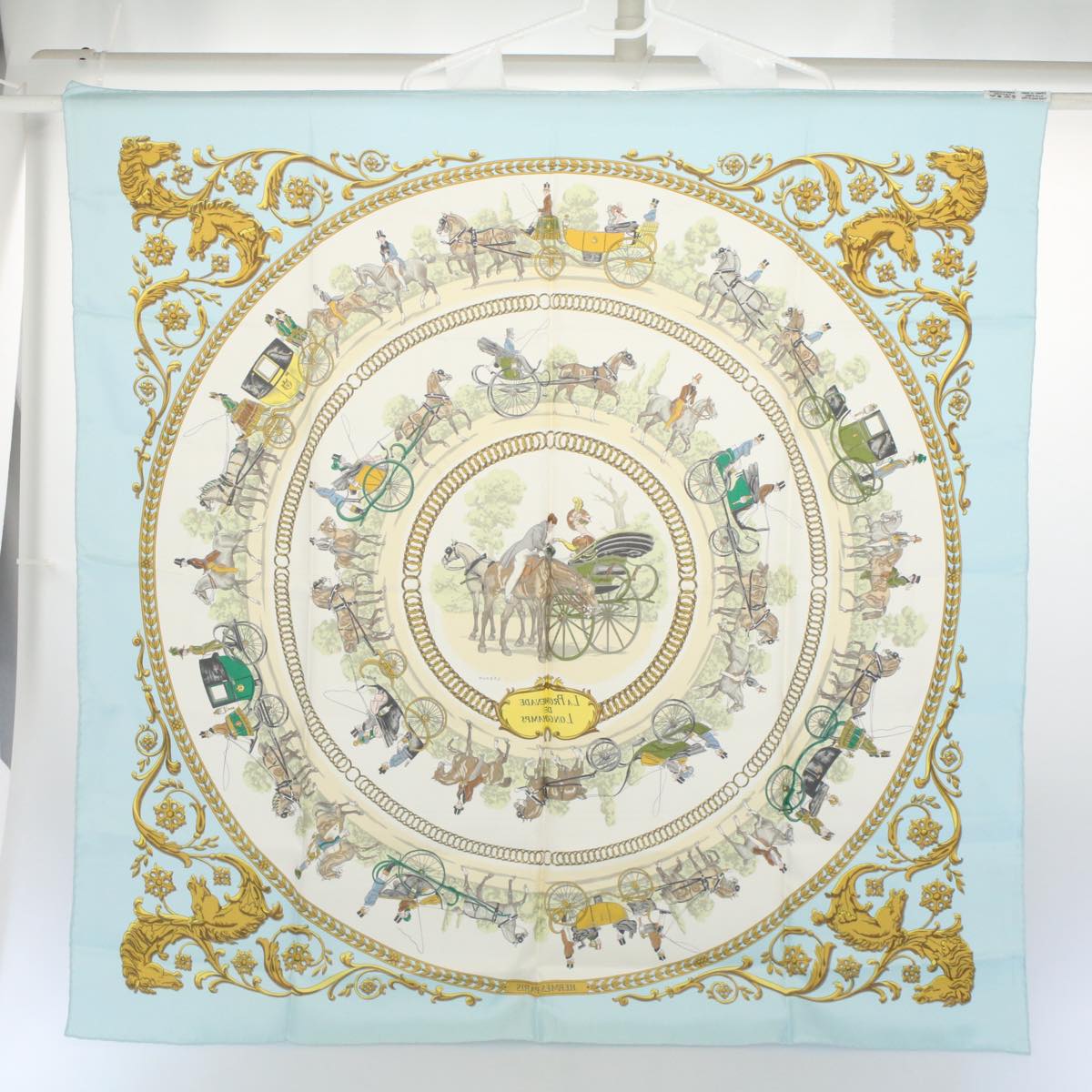 HERMES Carre 90 LA PROMENADE DE LONGCHAMPS Scarf Silk Light Blue Auth ki3696