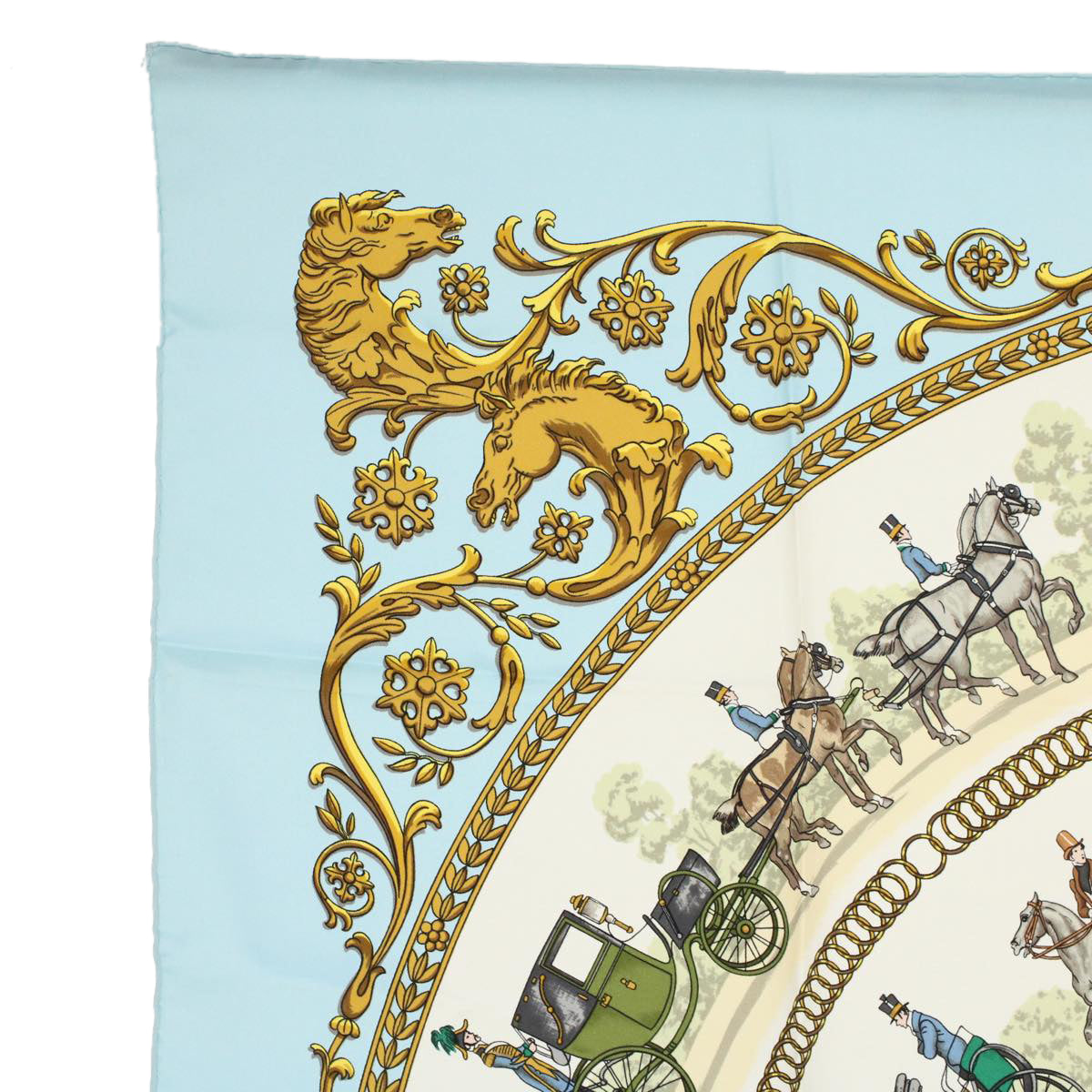 HERMES Carre 90 LA PROMENADE DE LONGCHAMPS Scarf Silk Light Blue Auth ki3696