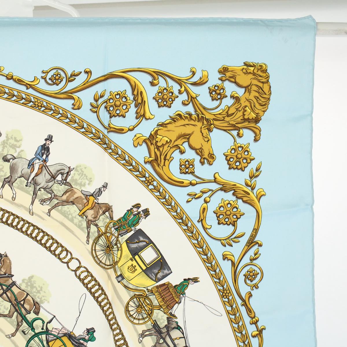 HERMES Carre 90 LA PROMENADE DE LONGCHAMPS Scarf Silk Light Blue Auth ki3696