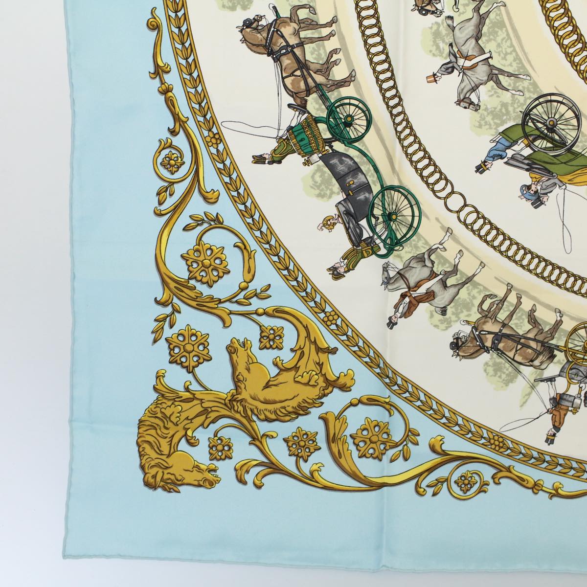 HERMES Carre 90 LA PROMENADE DE LONGCHAMPS Scarf Silk Light Blue Auth ki3696