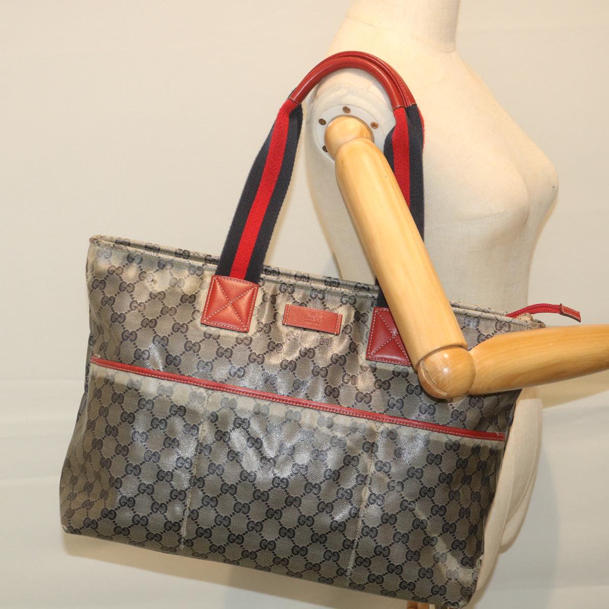 GUCCI GG Crystal Sherry Line Tote Bag Red Navy 155524 Auth ki3721