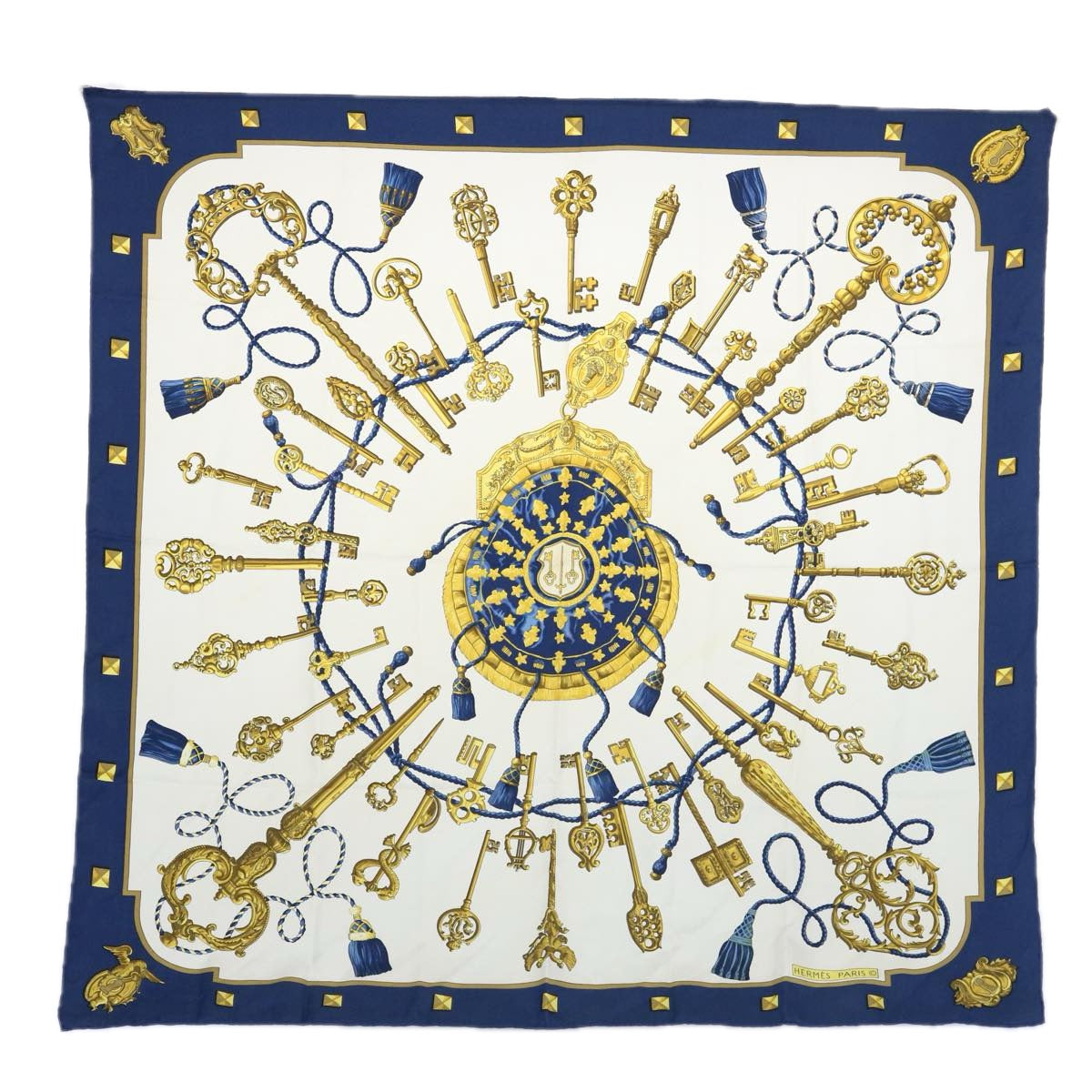 HERMES Carre 90 LES CLES Scarf Silk Navy Auth ki3742