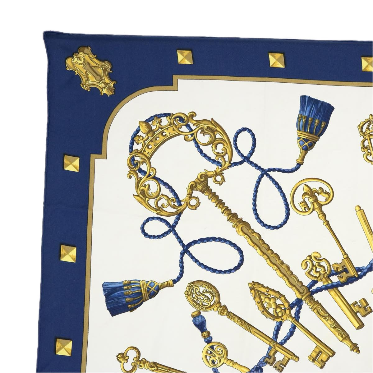 HERMES Carre 90 LES CLES Scarf Silk Navy Auth ki3742